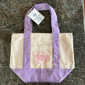 Trader Joe’s Mini Canvas Tote Purple Pink Stitching Pastel Limited Edition NWT